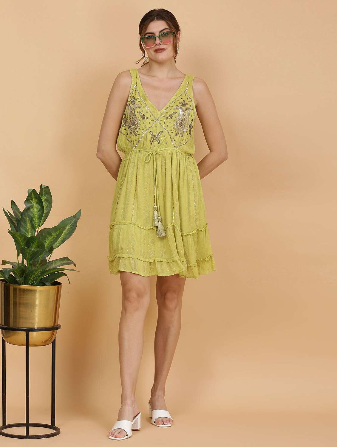 majestic by baani women tiered green above knee dress