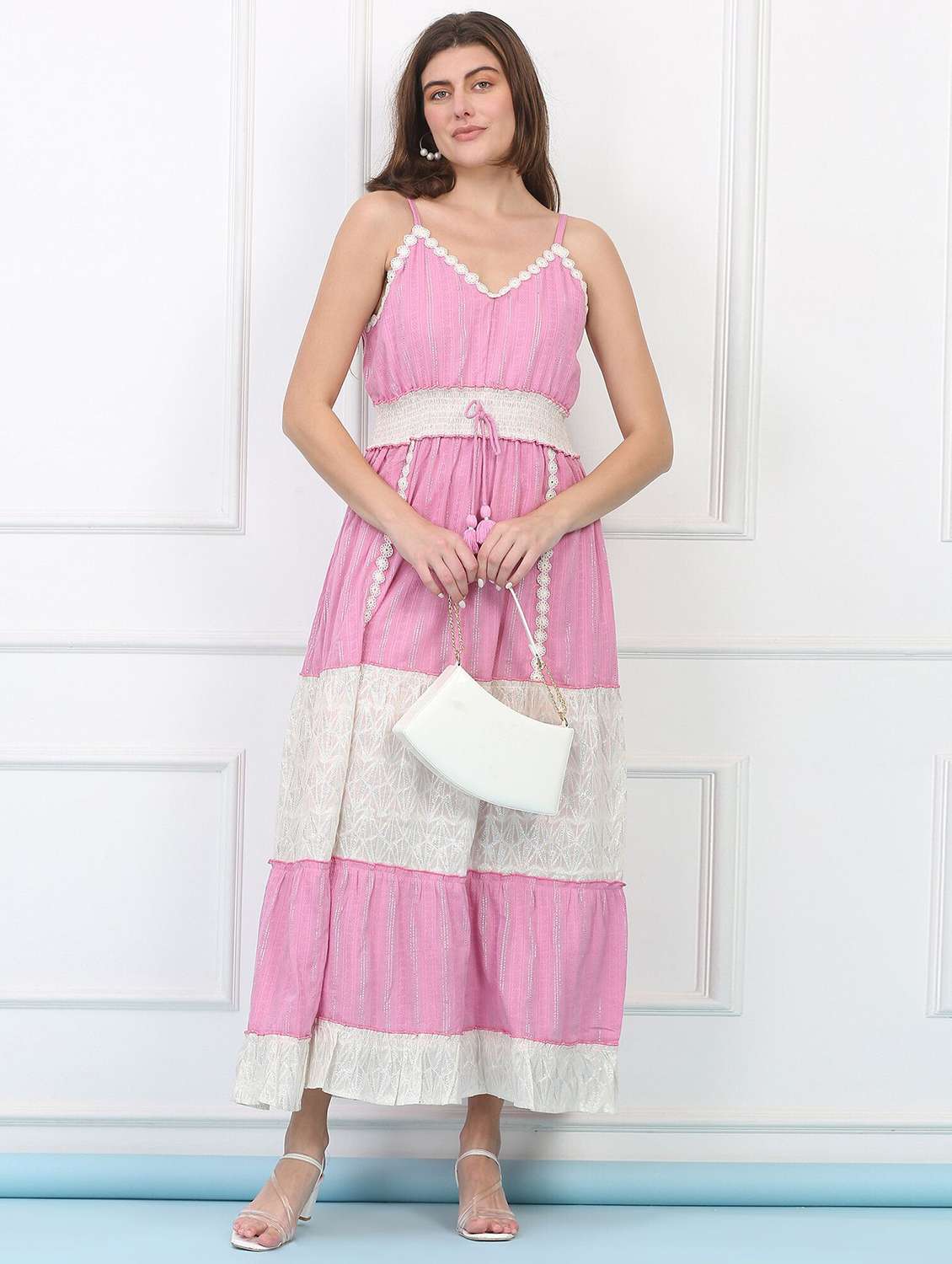 majestic by baani women tiered pink maxi length dress