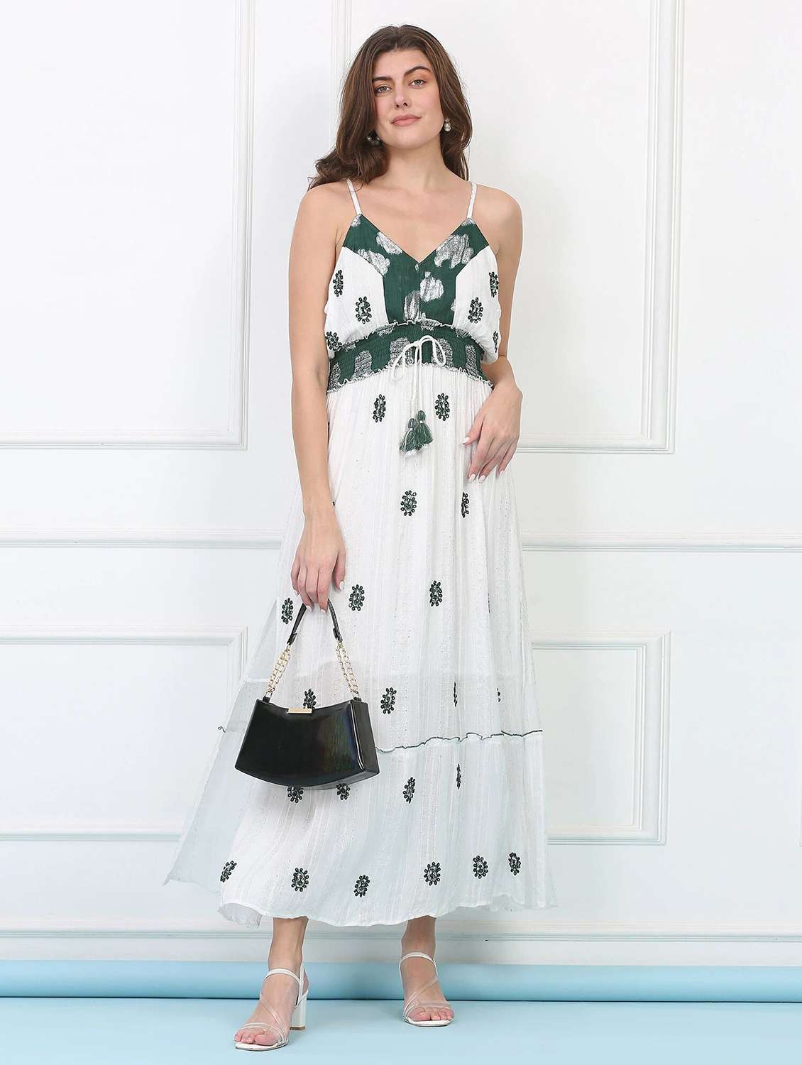 majestic by baani women tiered green maxi length dress