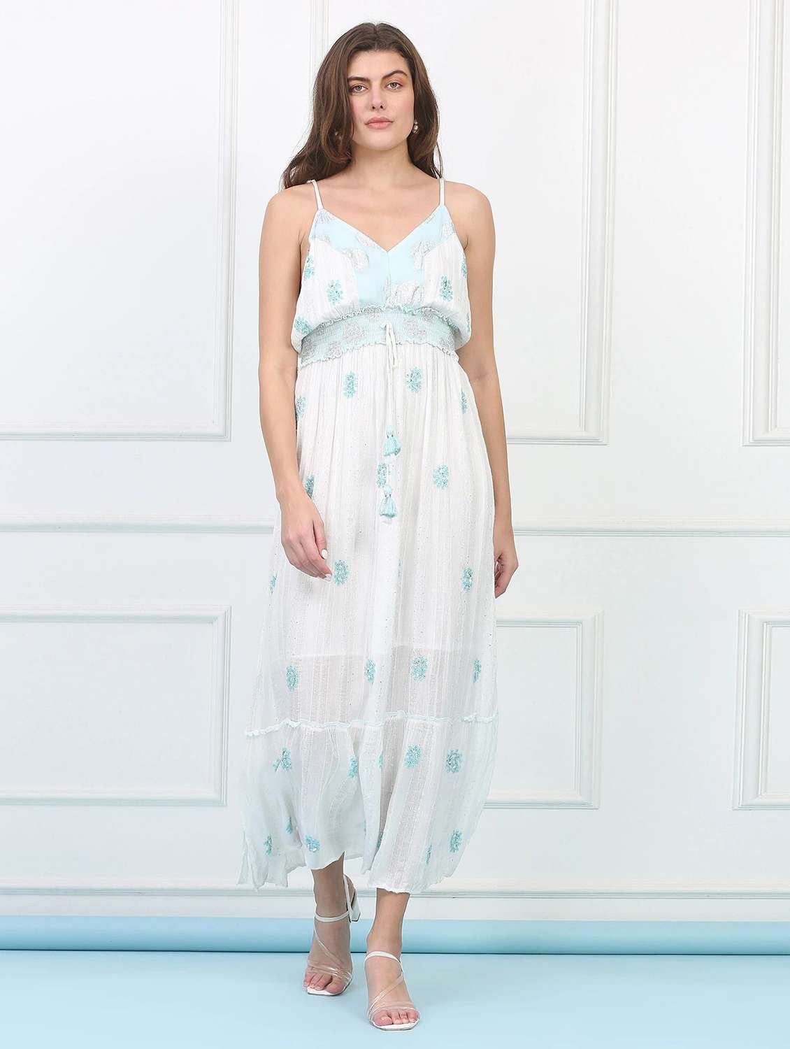 majestic by baani women tiered light blue maxi length dress