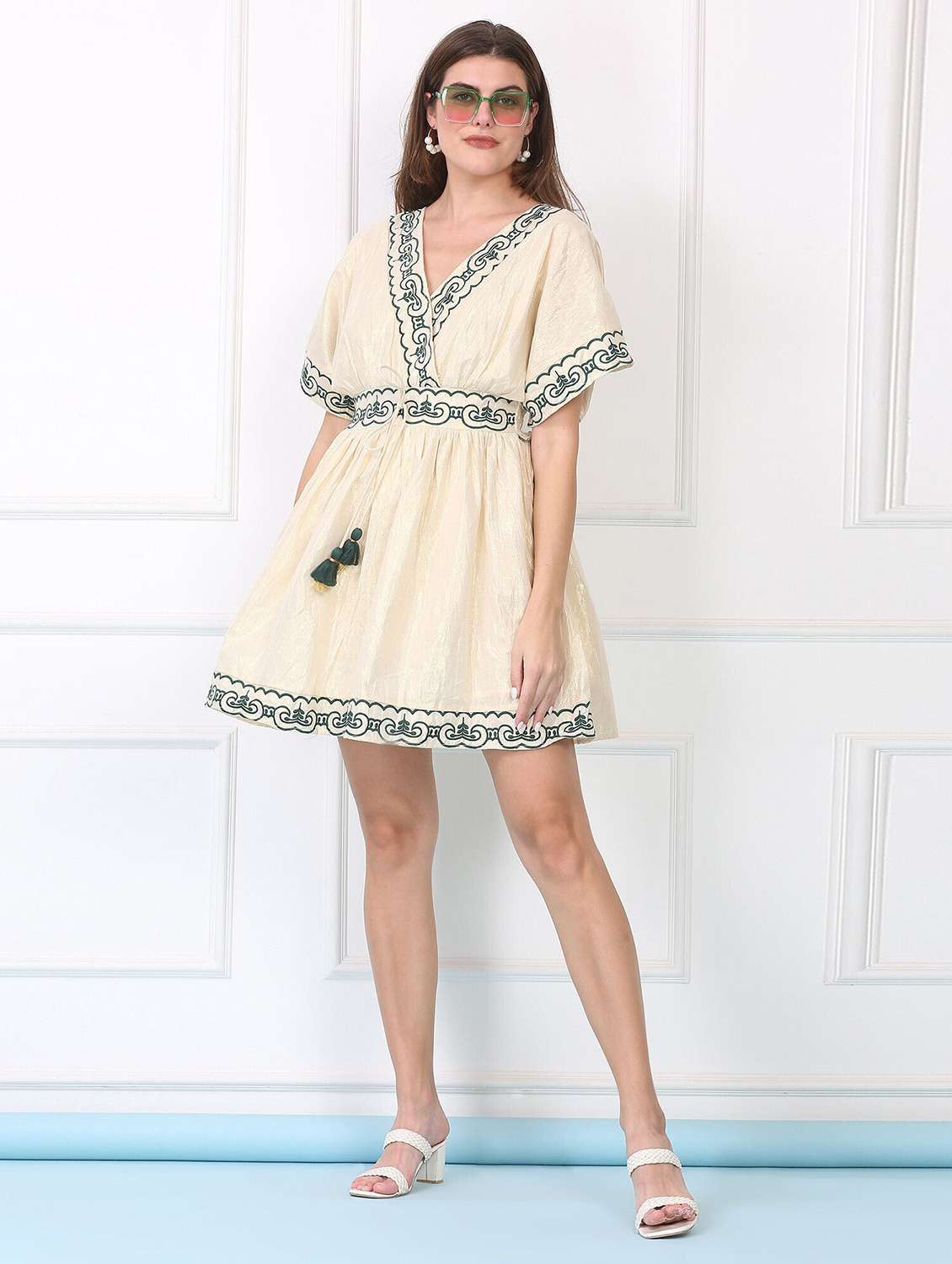 majestic by baani women fit and flare beige above knee length dress