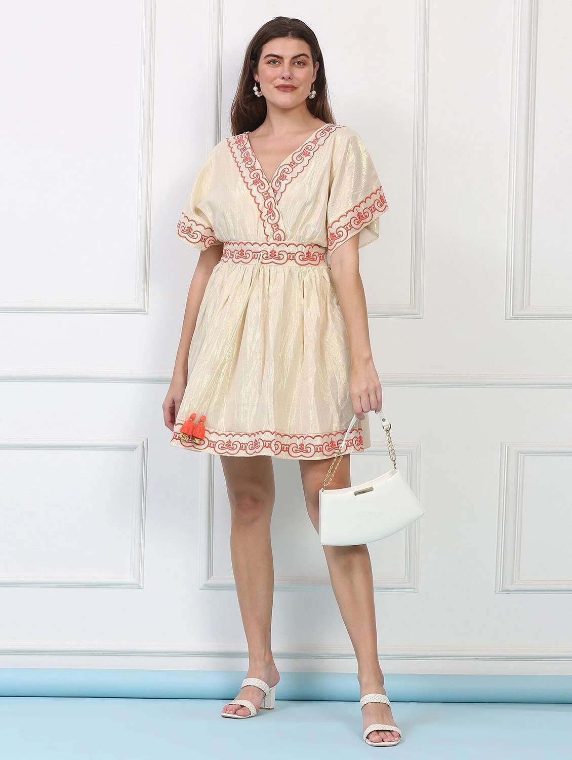 majestic by baani women fit and flare beige above knee length dress