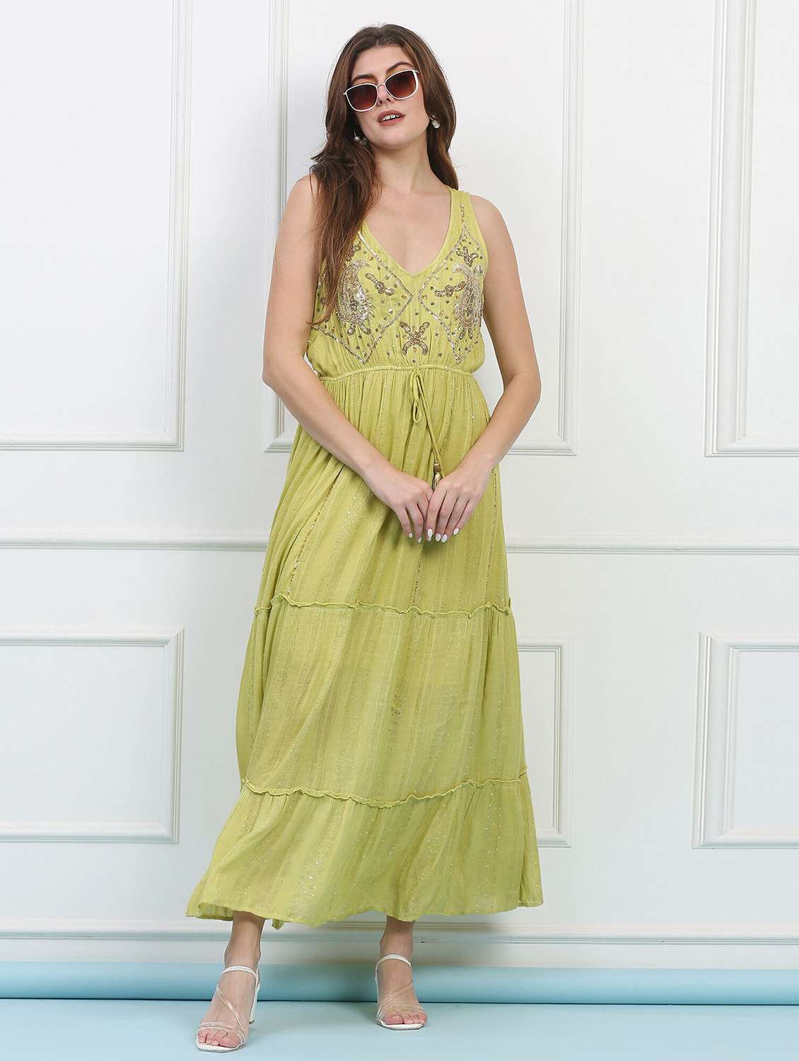 majestic by baani women tiered green maxi length dress