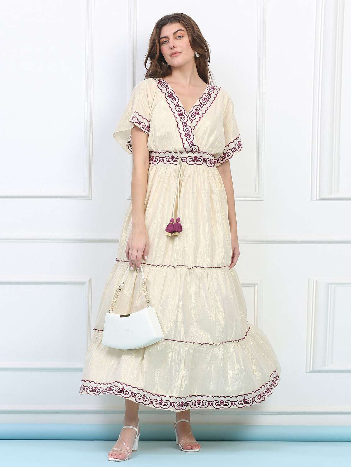 majestic by baani women tiered beige maxi length dress