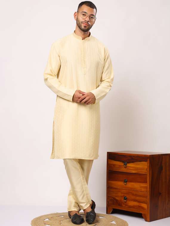 men self design long sleeve kurta with trousers ethnic wear set