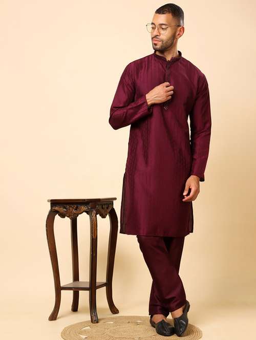 men self design long sleeve kurta with trousers ethnic wear set - 22148127 -  Standard Image - 0