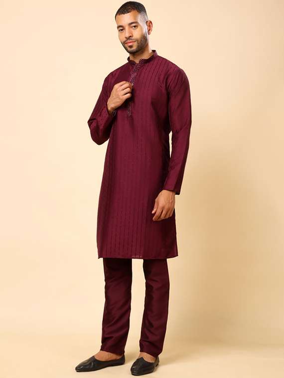 men self design long sleeve kurta with trousers ethnic wear set - 22148127 -  Standard Image - 3