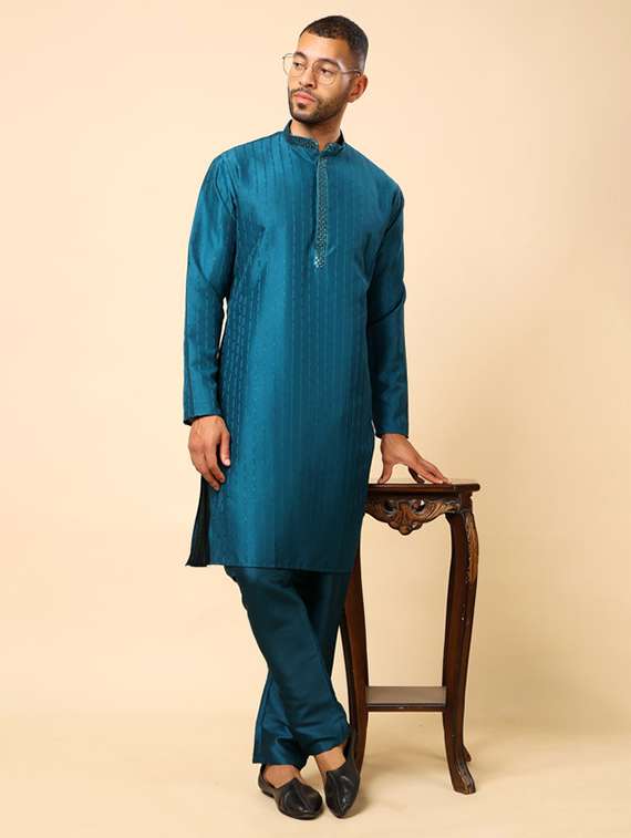 men self design long sleeve kurta with trousers ethnic wear set