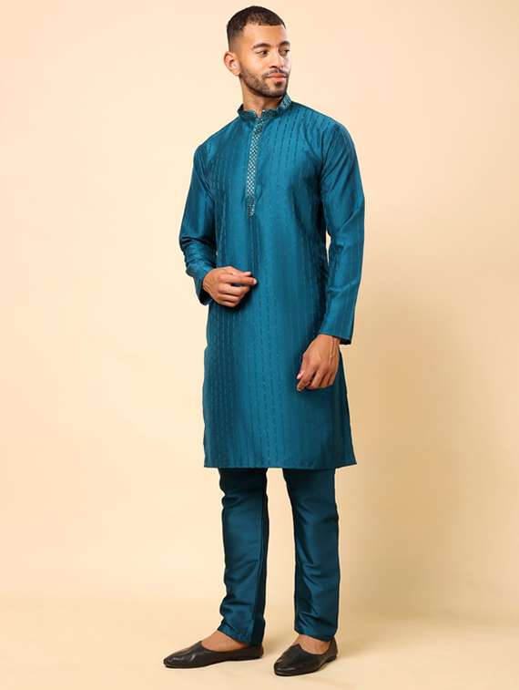 men self design long sleeve kurta with trousers ethnic wear set - 22148129 -  Standard Image - 3
