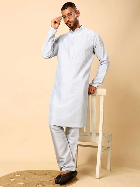men self design long sleeve kurta with trousers ethnic wear set