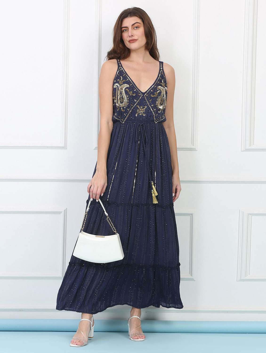 majestic by baani women tiered navy blue maxi length dress