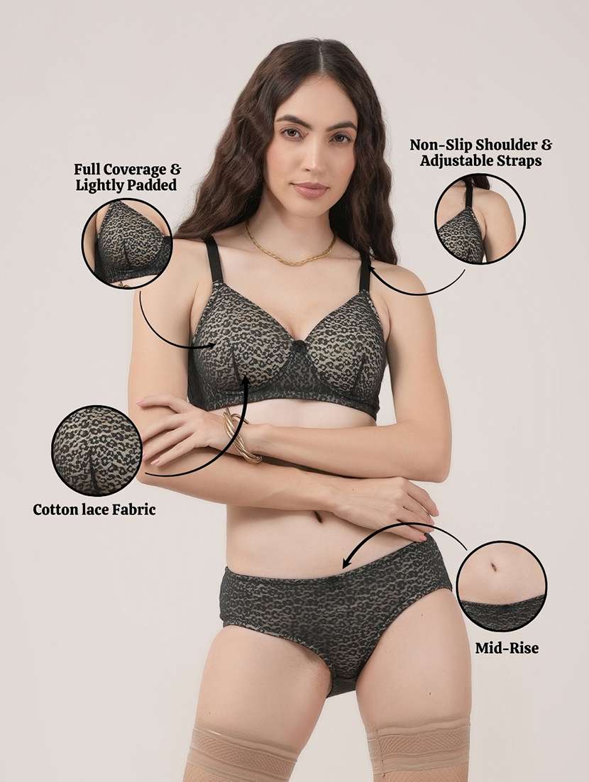 women black animal print bra and panty set