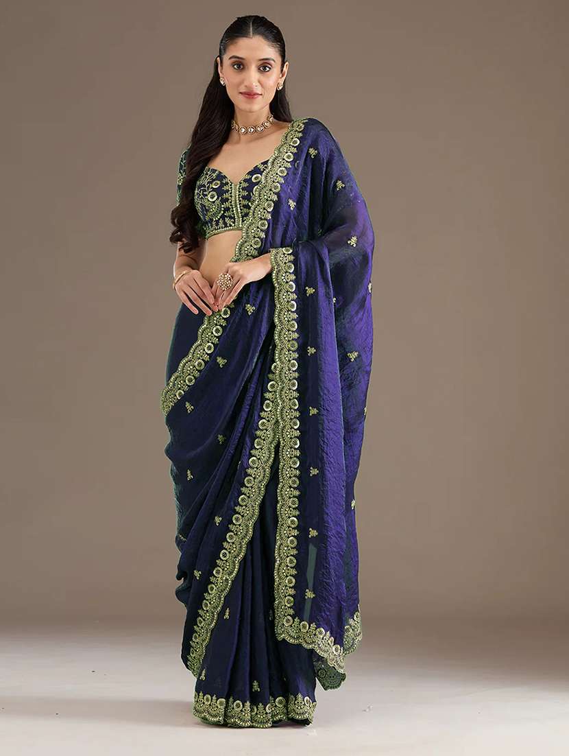 women solid with work embroidered saree with blouse