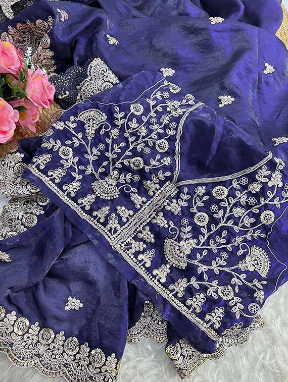 women solid with work embroidered saree with blouse - 22148150 -  Standard Image - 3