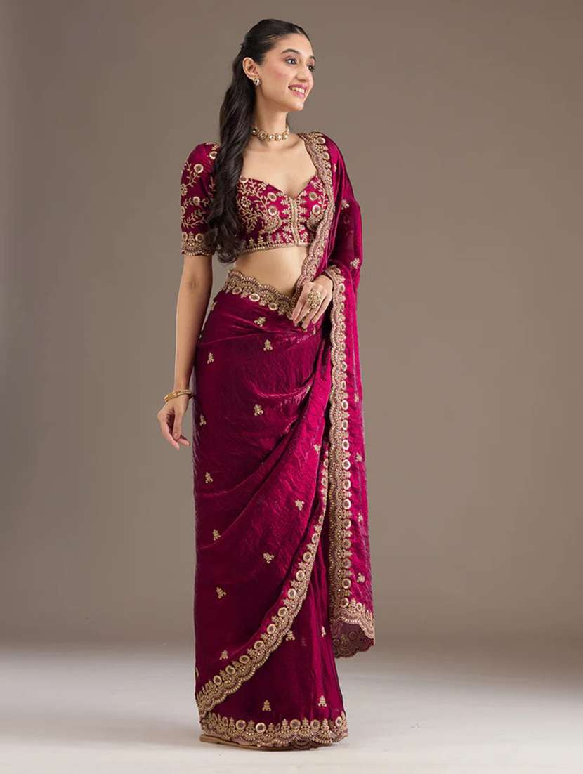 women solid with work embroidered saree with blouse - 22148151 -  Standard Image - 5
