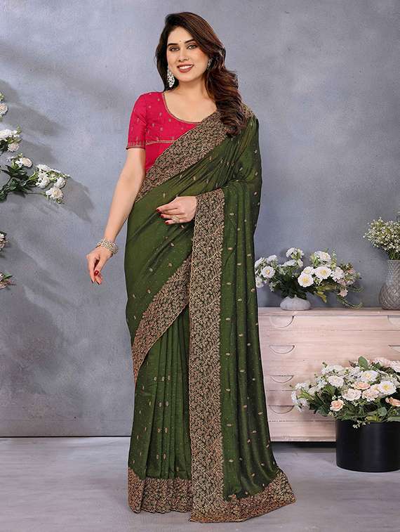 women solid with work embroidered saree with blouse