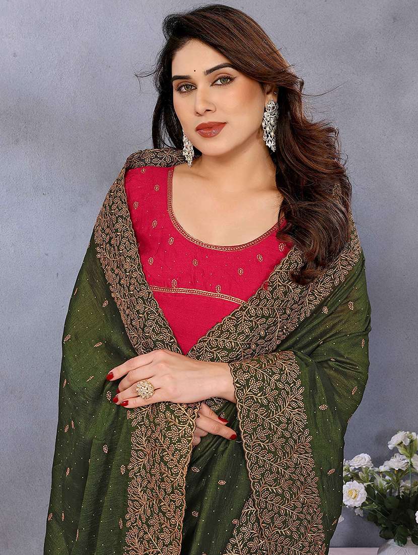 women solid with work embroidered saree with blouse - 22148162 -  Standard Image - 3