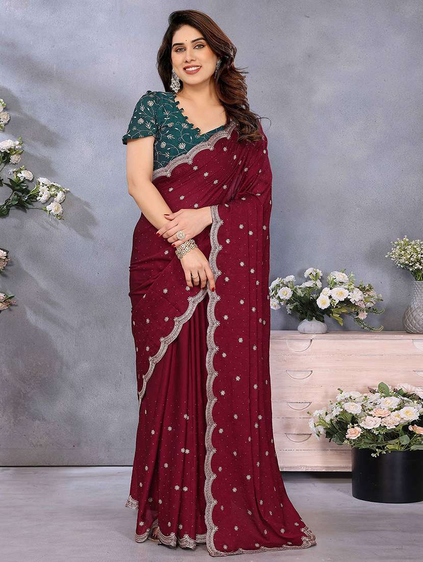 women solid with work embroidered saree with blouse