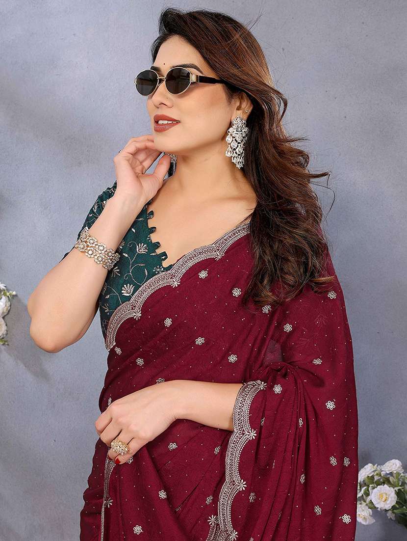 women solid with work embroidered saree with blouse - 22148163 -  Standard Image - 3