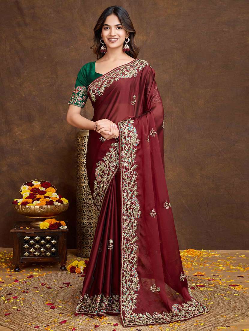 women solid with work embroidered saree with blouse