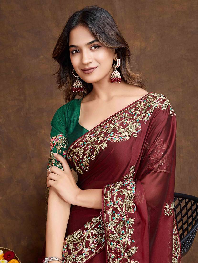 women solid with work embroidered saree with blouse - 22148181 -  Standard Image - 3