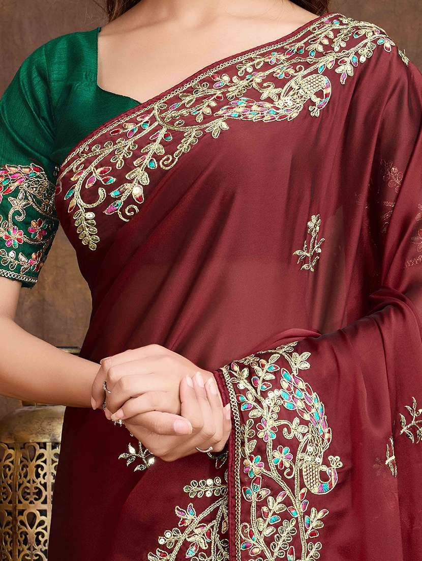 women solid with work embroidered saree with blouse - 22148181 -  Standard Image - 5