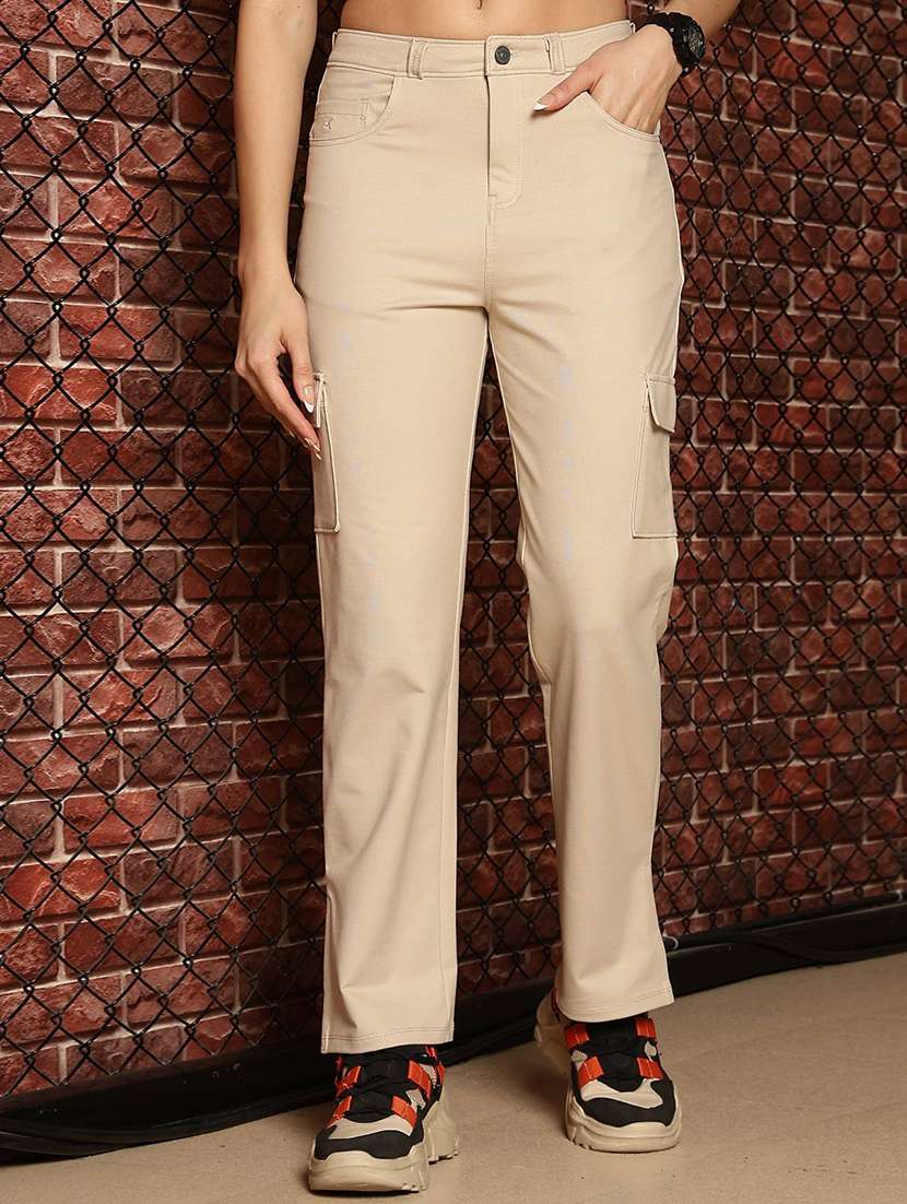 women solid mid rise straight cargo