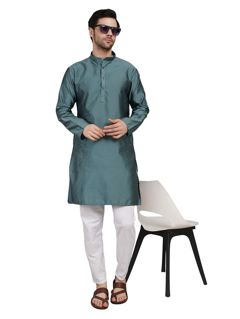 men self design long sleeve kurta with trousers ethnic wear set