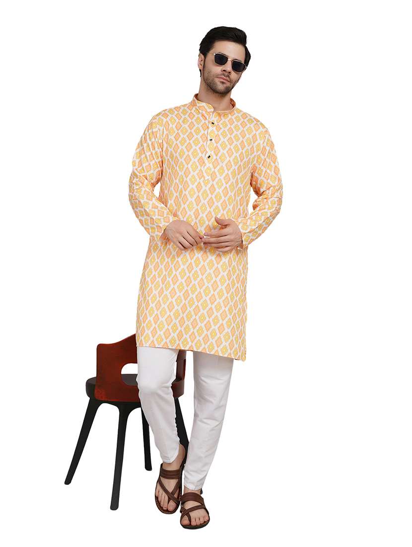 men printed long sleeve kurta with trousers ethnic wear set