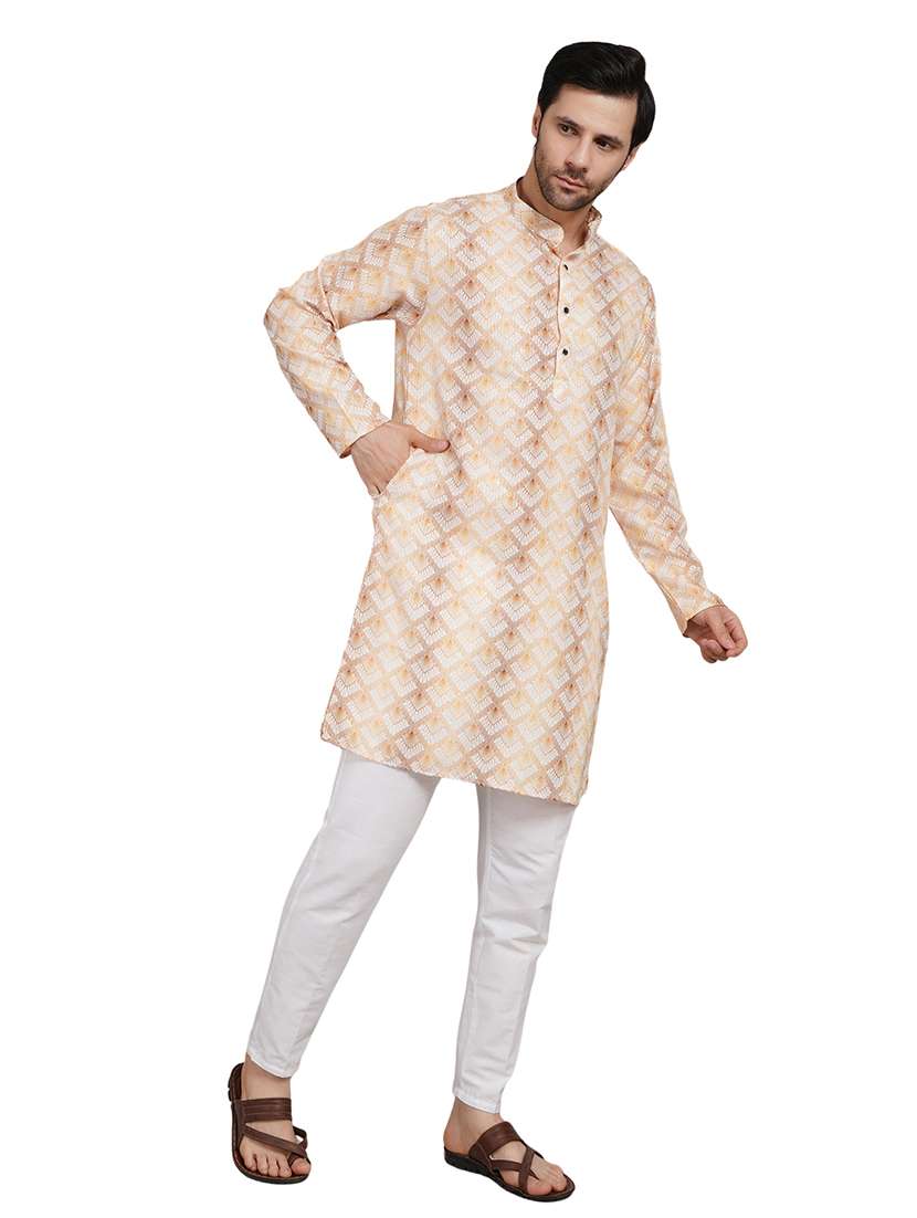 men printed long sleeve kurta with trousers ethnic wear set - 22148269 -  Standard Image - 3