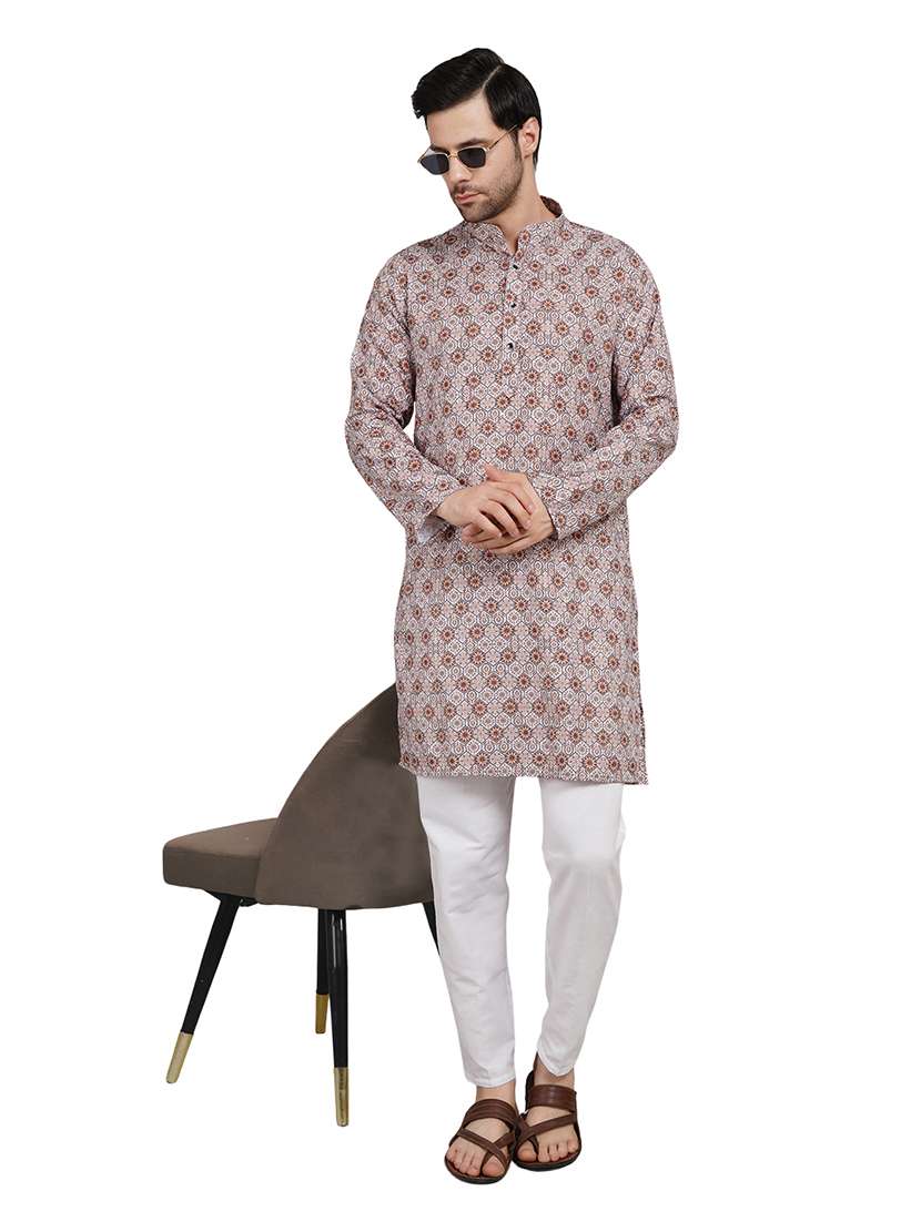 men printed long sleeve kurta with trousers ethnic wear set