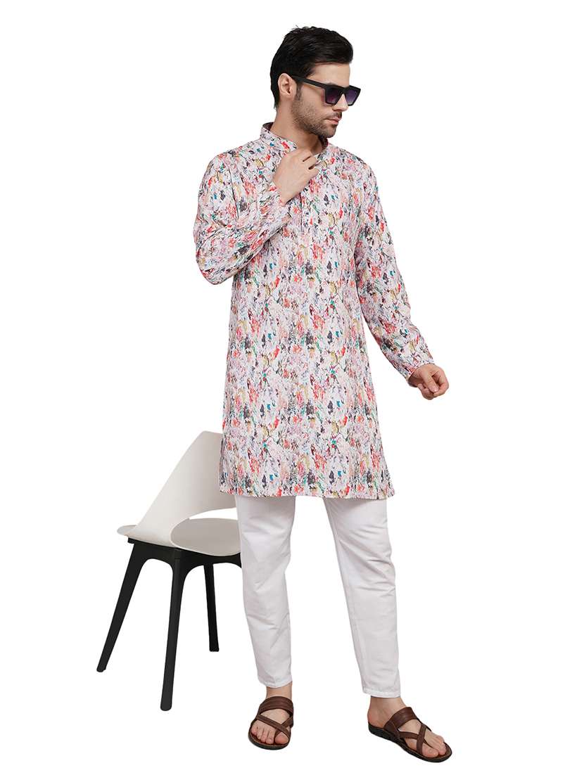men printed long sleeve kurta with trousers ethnic wear set