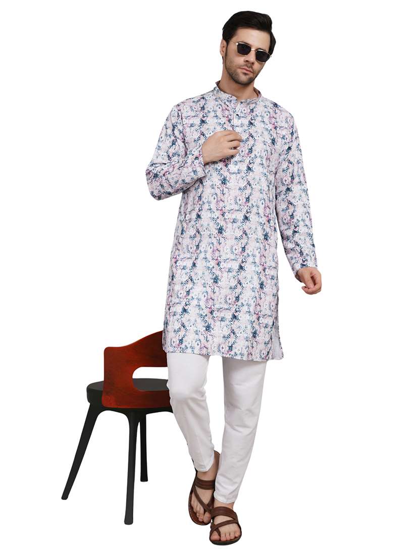 men printed long sleeve kurta with trousers ethnic wear set