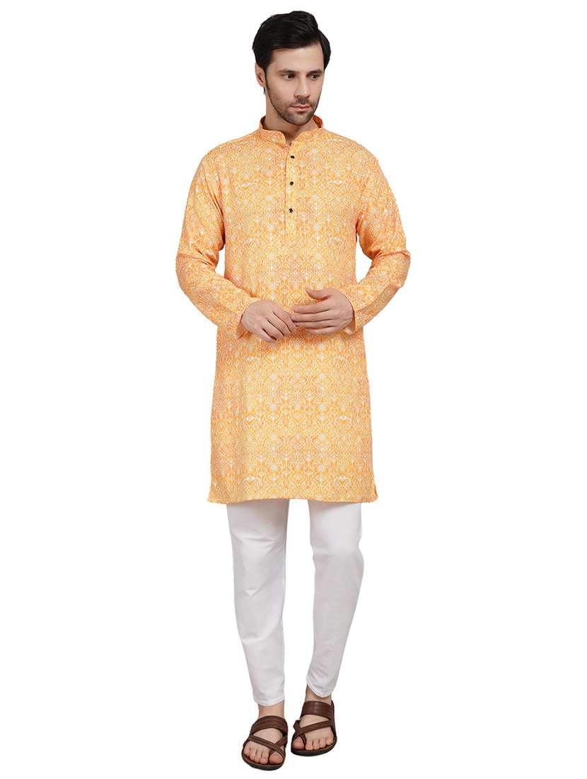 men printed mandarin neck kurta with trousers ethnic wear set - 22148277 -  Standard Image - 5