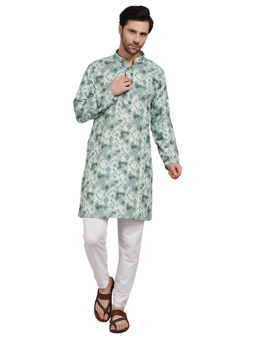 men printed mandarin neck kurta with trousers ethnic wear set - 22148278 -  Standard Image - 5