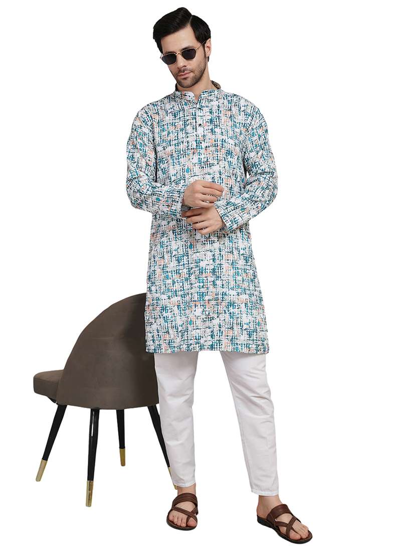 men printed mandarin neck kurta with trousers ethnic wear set