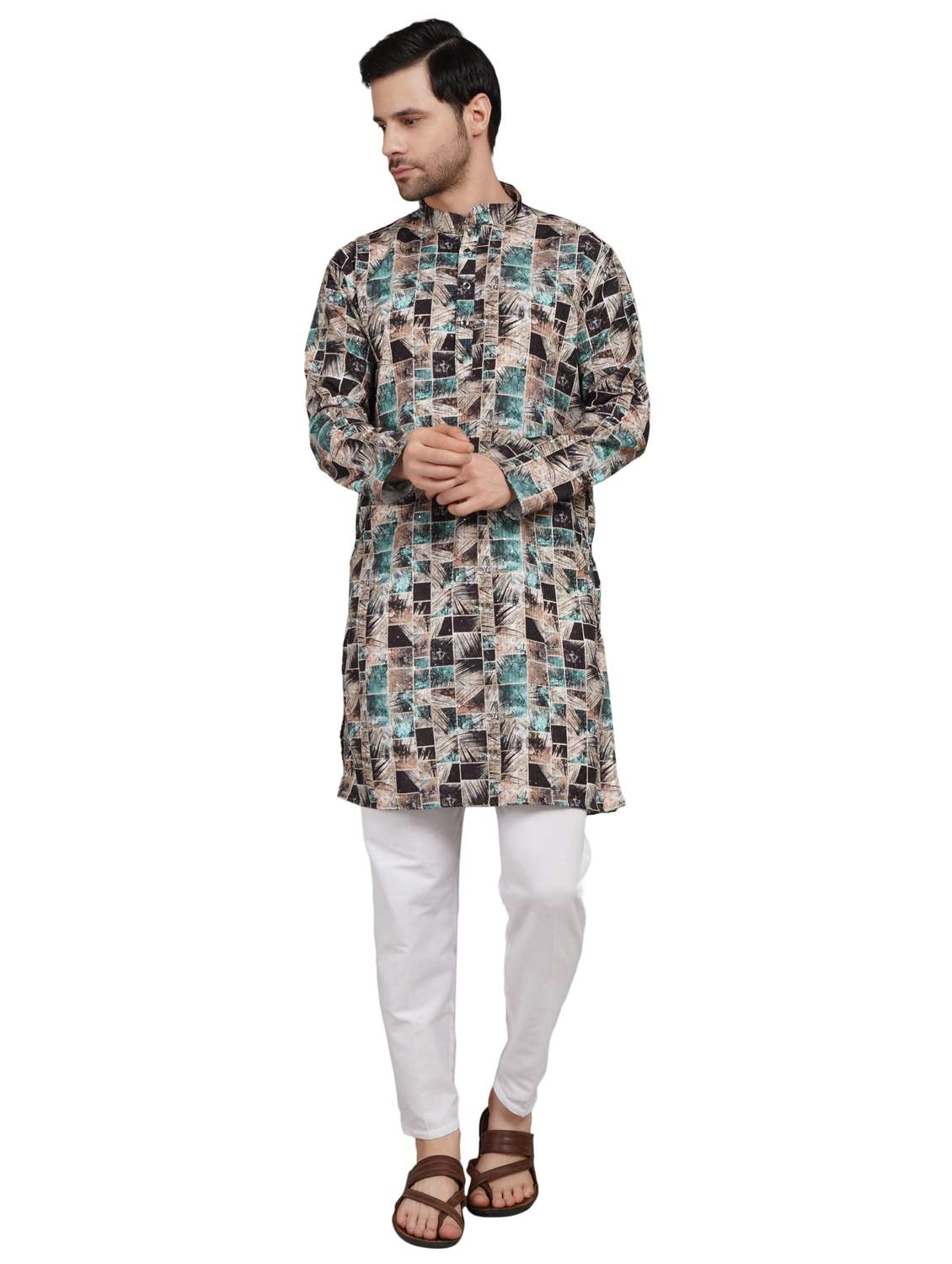 men printed mandarin neck kurta with trousers ethnic wear set - 22148281 -  Standard Image - 5