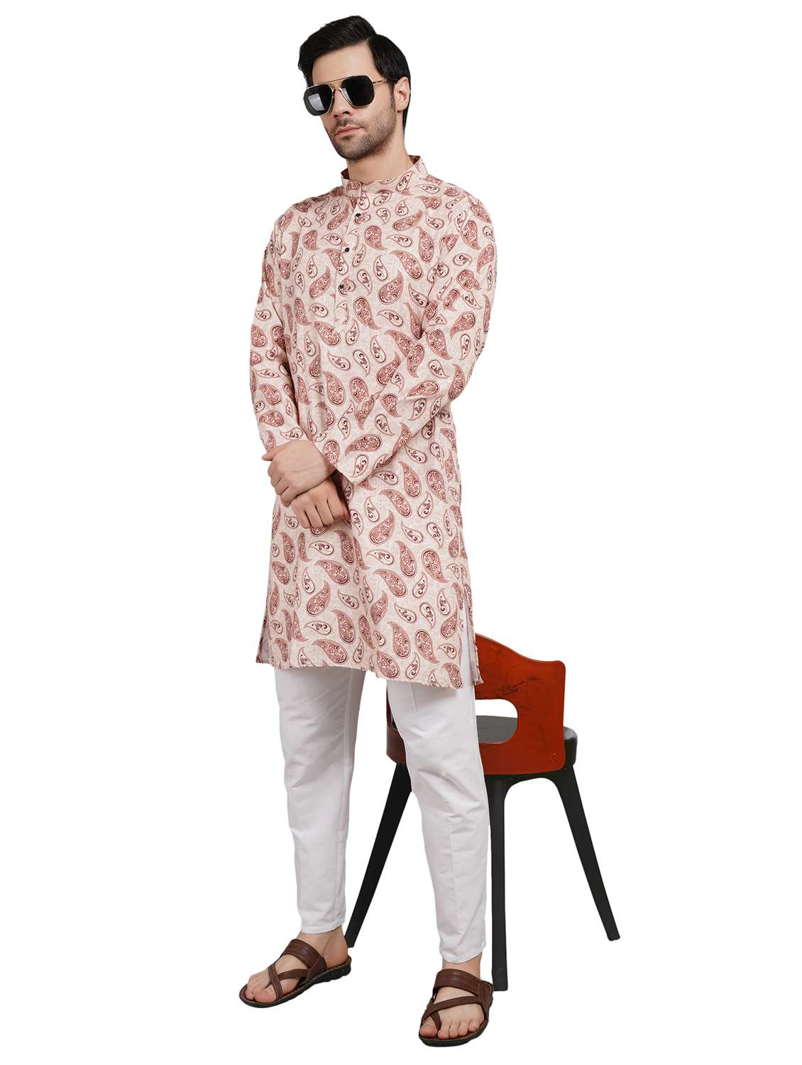 men paisley mandarin neck kurta with trousers ethnic wear set