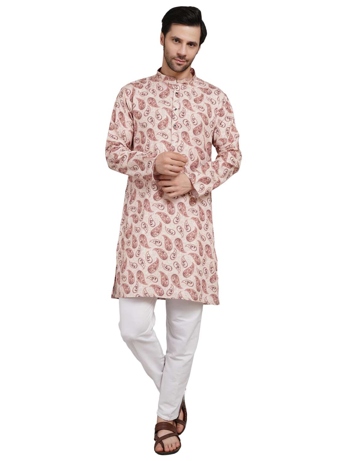 men paisley mandarin neck kurta with trousers ethnic wear set - 22148282 -  Standard Image - 5