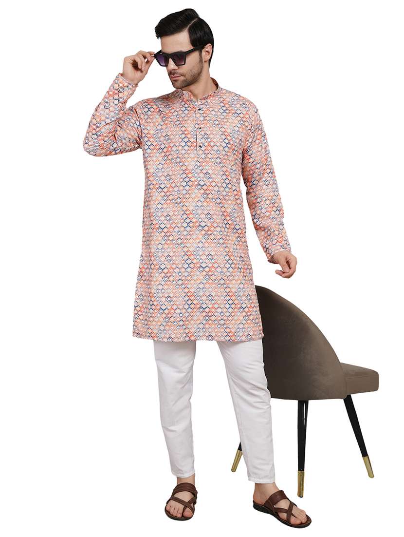 men printed mandarin neck kurta with trousers ethnic wear set