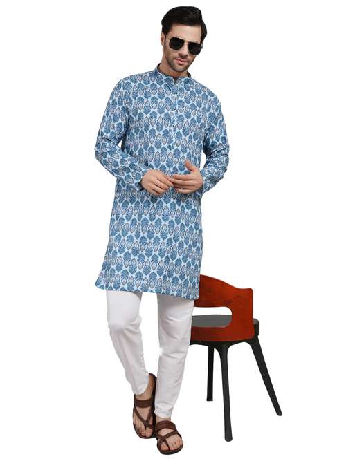 men printed mandarin neck kurta with trousers ethnic wear set - 22148285 -  Standard Image - 0
