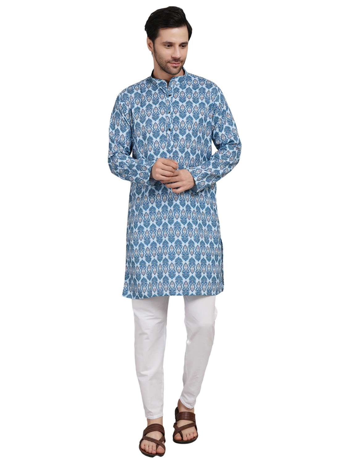 men printed mandarin neck kurta with trousers ethnic wear set - 22148285 -  Standard Image - 5