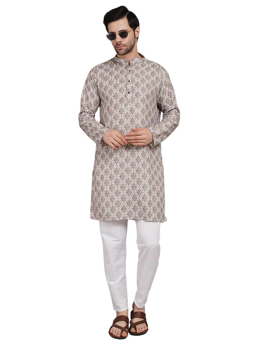 men printed mandarin neck kurta with trousers ethnic wear set