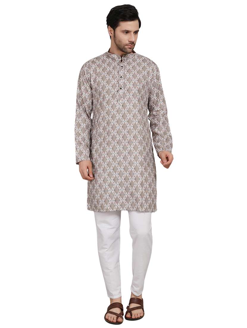 men printed mandarin neck kurta with trousers ethnic wear set - 22148286 -  Standard Image - 5