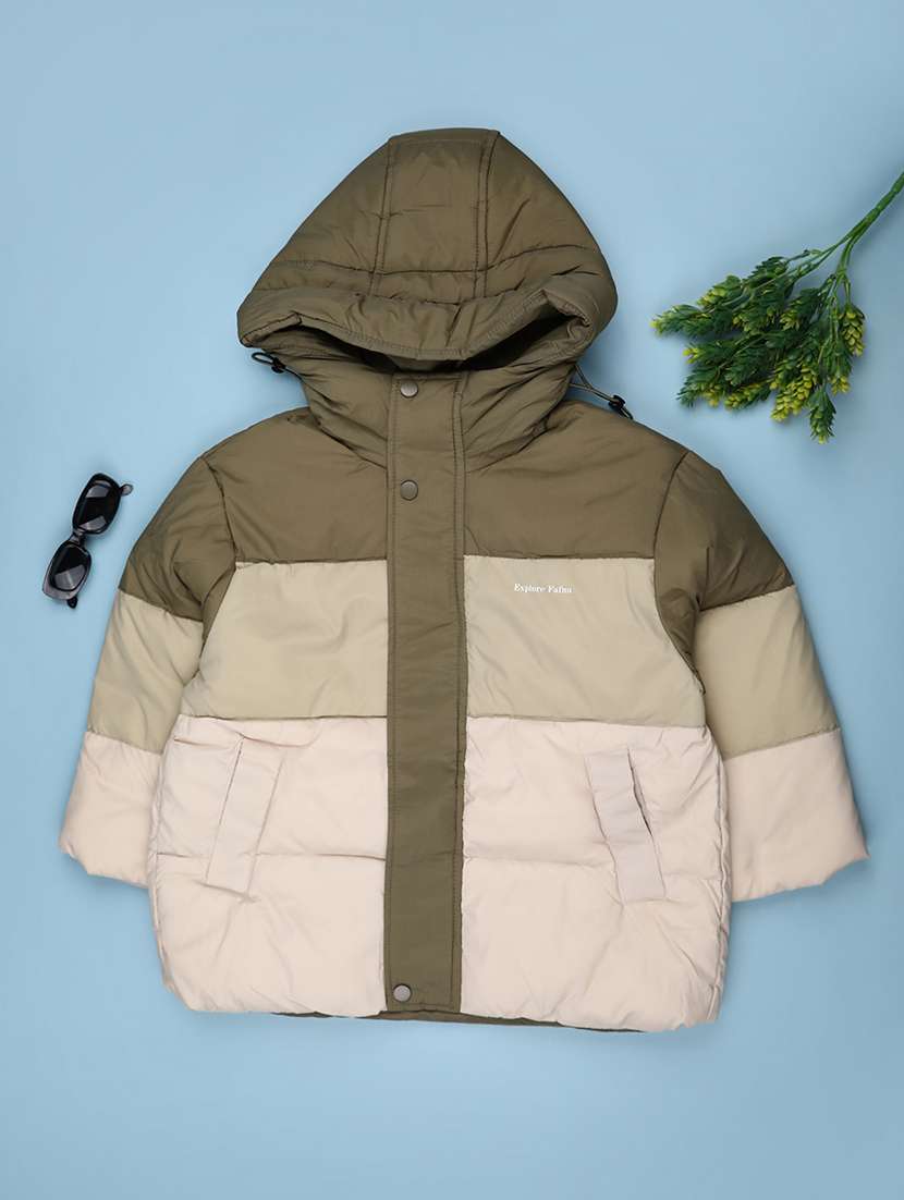 boys color blocked long sleeve hooded quilted jacket 