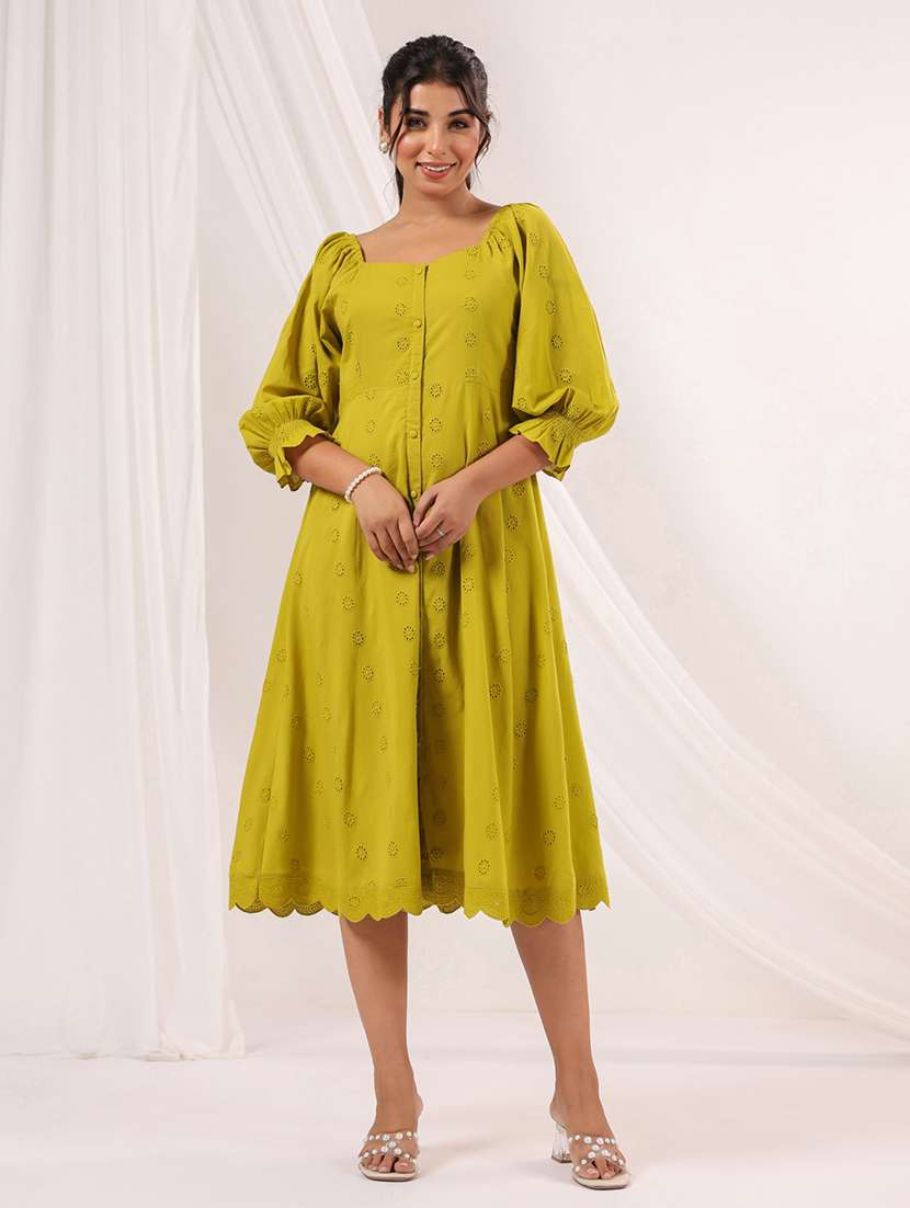 women self designed puff sleeve fit and flare dress