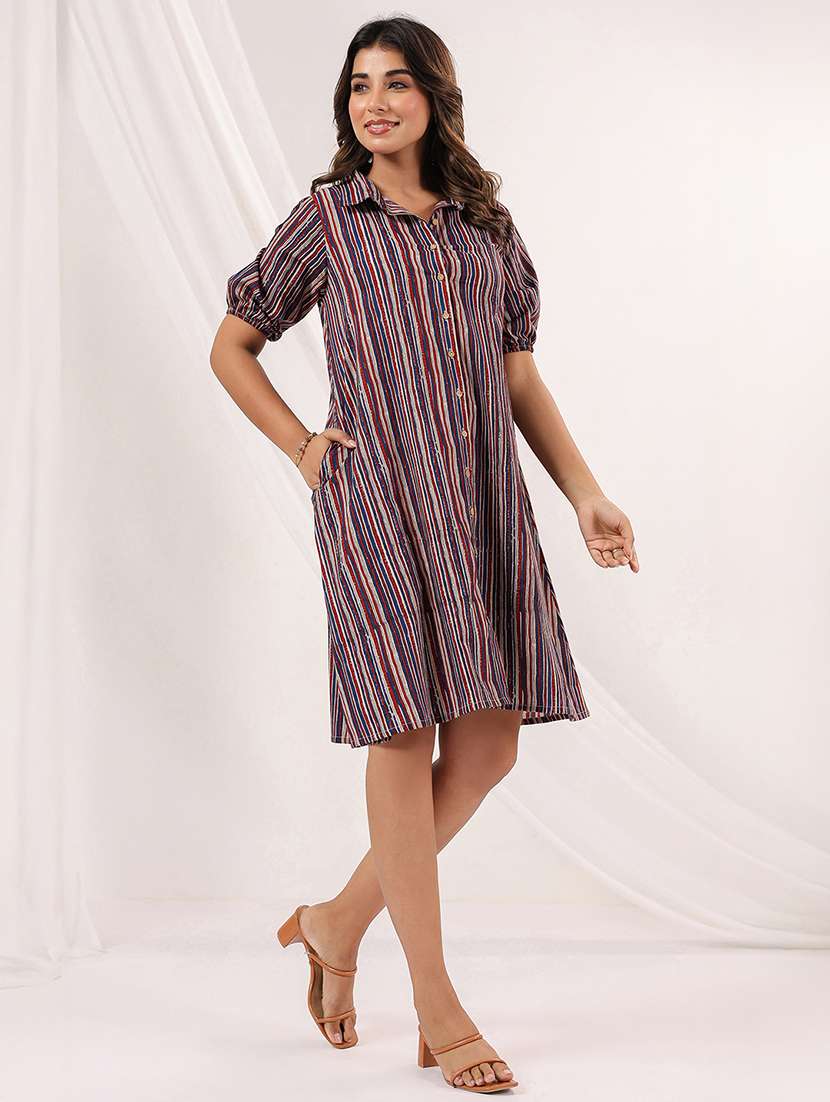 women striped puff sleeve collared a-line dress - 22156215 -  Standard Image - 3