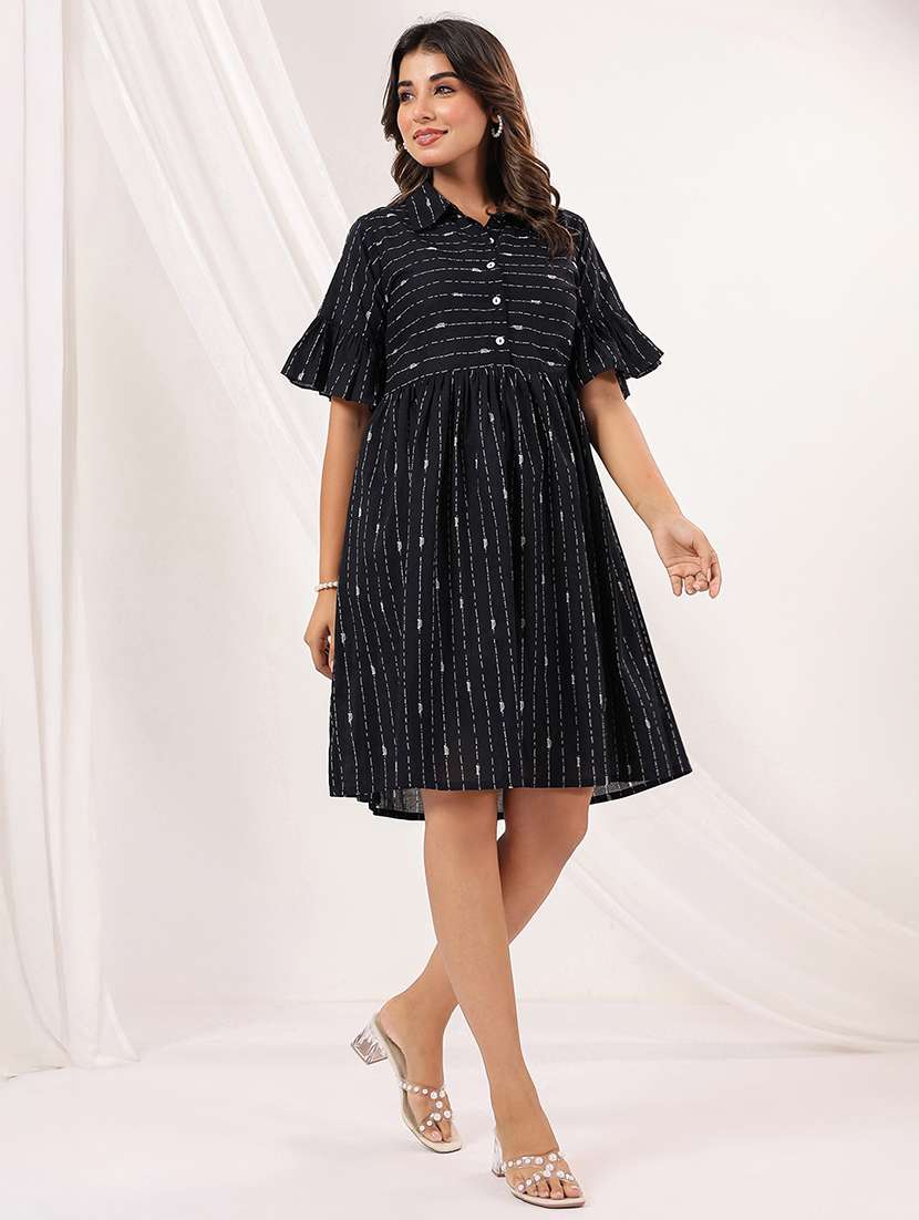 women printed collared bell sleeve a-line dress - 22156216 -  Standard Image - 3