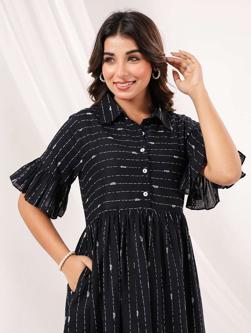 women printed collared bell sleeve a-line dress - 22156216 -  Standard Image - 5