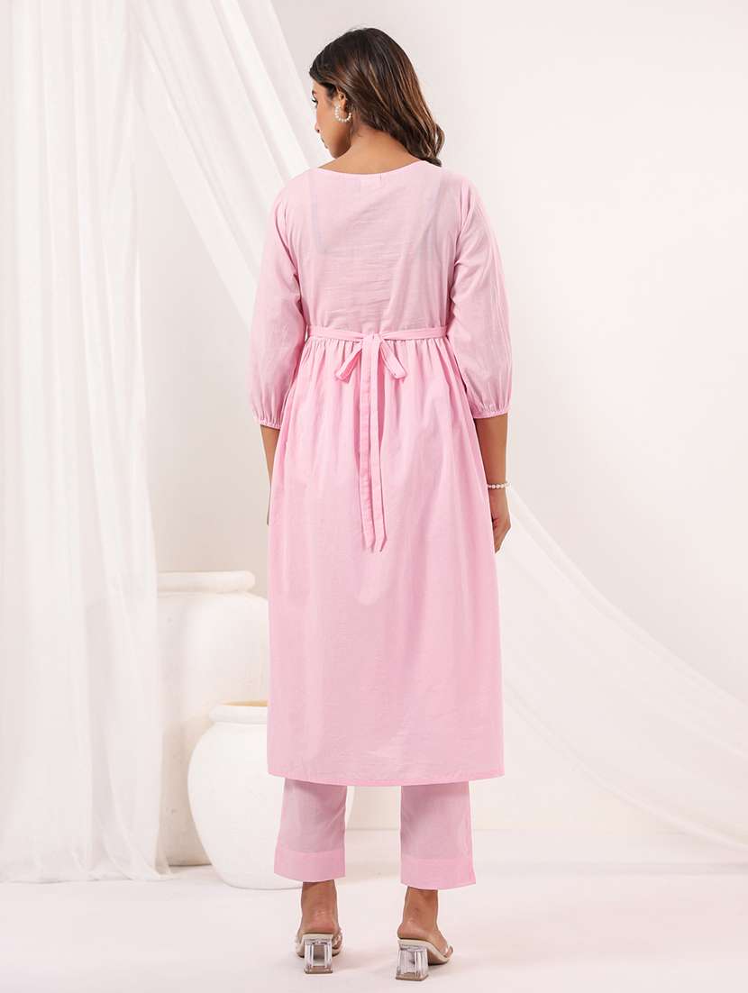 women embroidered three quarter sleeve kurta pant set - 22156218 -  Standard Image - 3